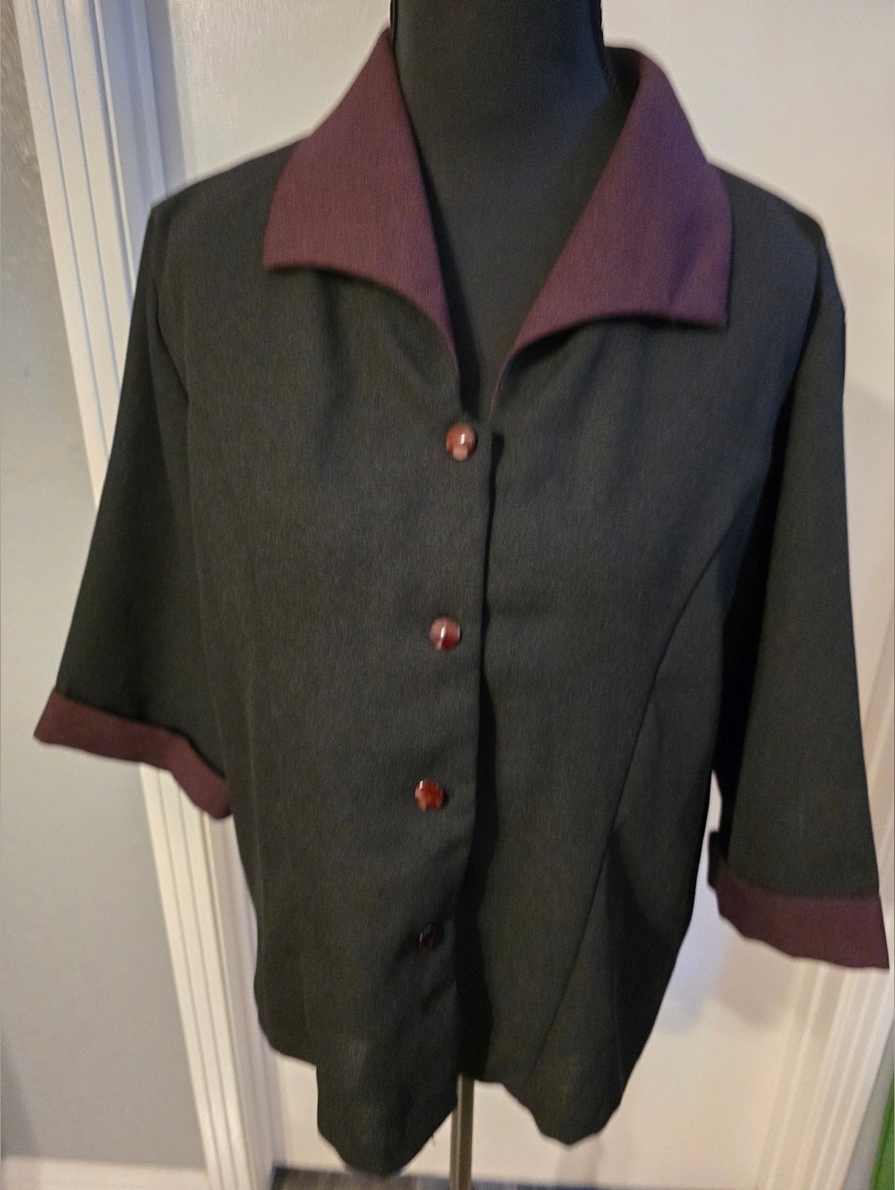 Natalie Womens Black Top with Deep Plum Collar and Cuffs